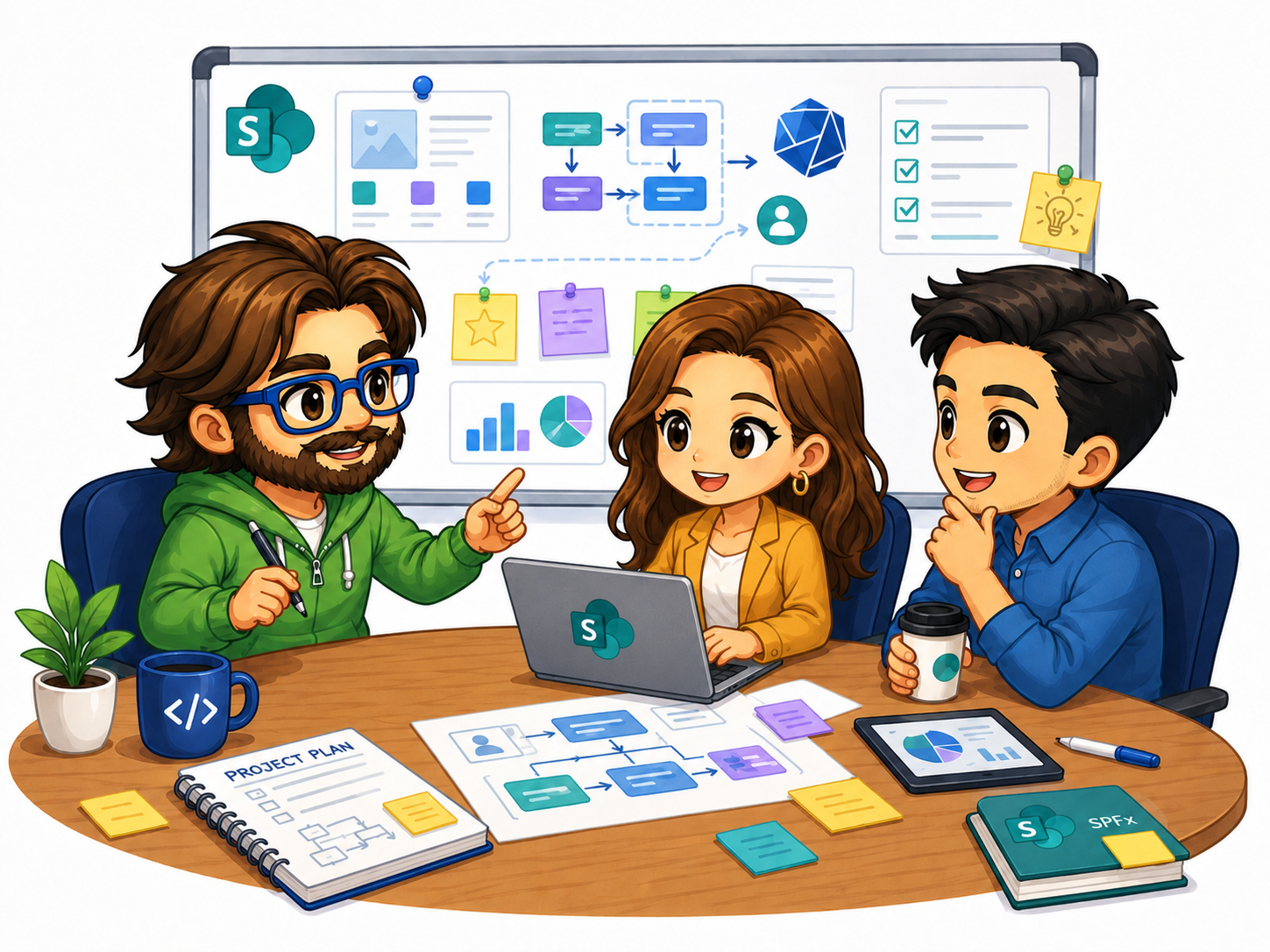 Illustration of a business analysis meeting with project planning on a whiteboard