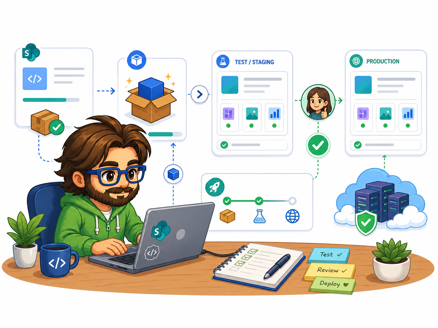Illustration of packaging and deploying an SPFx solution