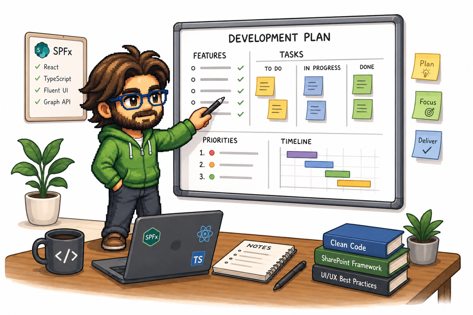 Illustration of development planning with tasks, priorities and timeline on a whiteboard